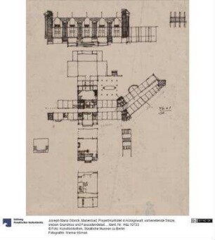 Marienbad, Projekt Kurhotel in Königswart, vorbereitende Skizze, sieben Grundriss und Fassadendetails