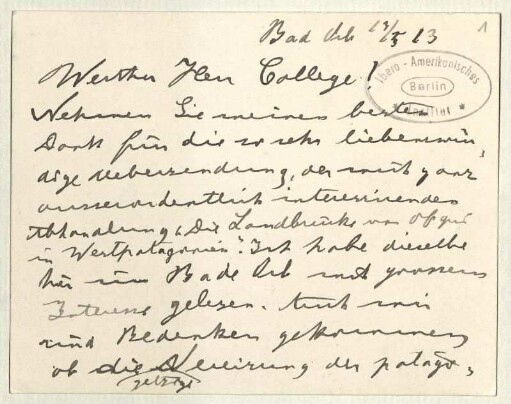 [11]: Karte von Rudolf Hauthal an Hans Steffen