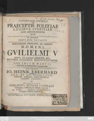 Dissertatio Ivridica De Praeceptis Politiae Legibvs Ivstitiae Non Anteponendis