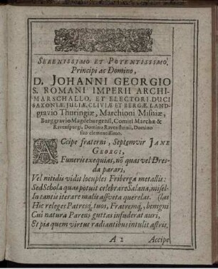 Serenissimo ... D. Johanni Georgio S. Romani Imperii Archimarschallo ...