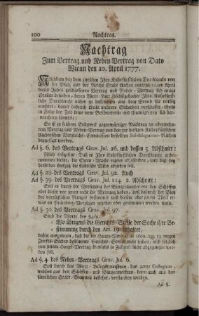 Nachtrag zum Vertrag und Neben-Vertrag von Dato Wienn den 10. April 1777.