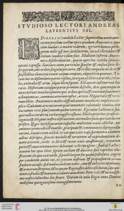 Studiosi lectori Andreas Laurentius Sal.