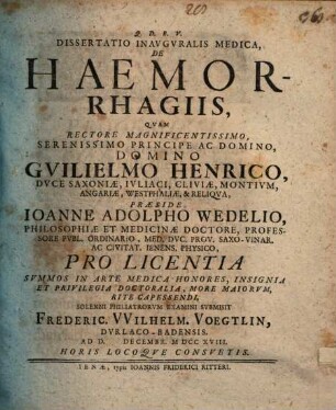 Dissertatio Inavgvralis Medica, De Haemorrhagiis