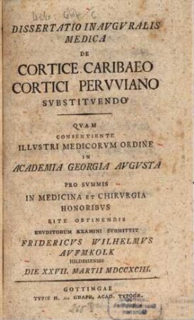 Diss. inaug. med. de cortice Caribaeo cortici Peruviano substituendo