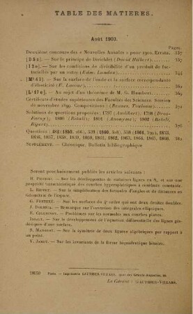 Table des matières. Aout 1900.