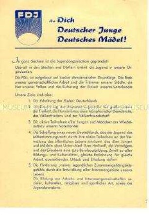 Propagandaflugblatt der FDJ Sachsen mit Mitgliederwerbung
