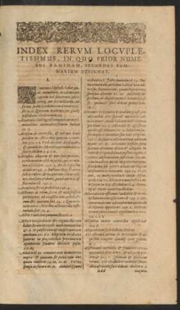 Index Rerum Locupletissimus, In Quo Prior Numerus Paginam, Secundus Summarium Designat
