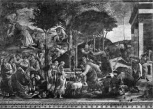 Ausmalung der Cappella Sistina — Wandmalerei des unteren Registers — Moses Prüfungen und seine Berufung — Moses tränkt die Schafe