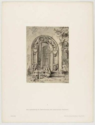 Das Löwenportal am Wendelstein des Jahnaischen Freihofs in der Altstadt von Meißen mit Sitznischen und Ehewappen, Blatt 8 aus der Mappe "Meißen" nach Federzeichnungen von Bernhard Mannfeld