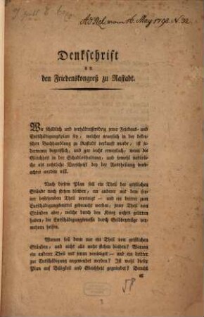 Denkschrift an den Friedenskongreß zu Rastadt