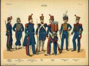 Uniformdarstellung, Sappeure, Sergeanten, Gemeine, Tambour-Major und Feldwebel verschiedener Technischer und Pionier-Truppen, Frankreich, 1810/1873.