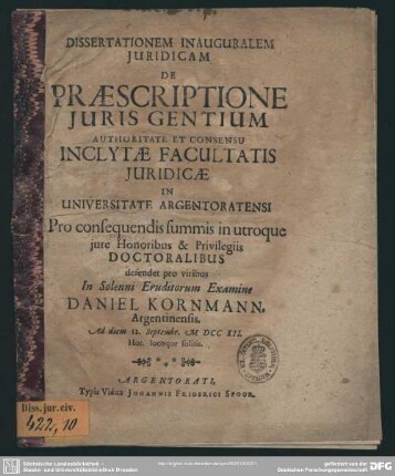 Dissertationem Inauguralem Iuridicam De Praescriptione Iuris Gentium