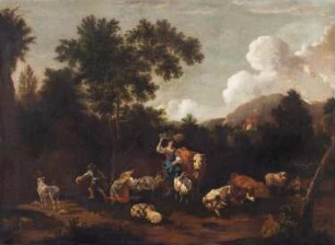 Landschaft mit Ziegen und Kühen