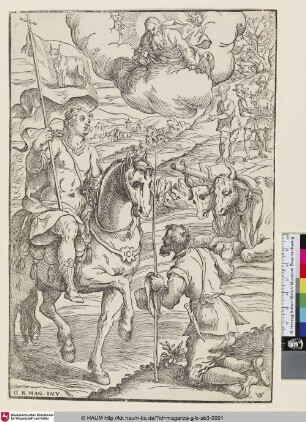 [Ein Bauer vor einem Reiter kniend, Gott in den Wolken]