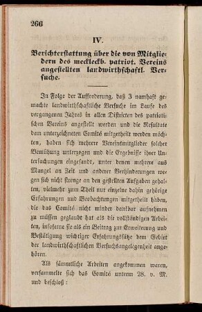 IV. Berichterstattung über die von Mitgliedern des meckleckb. patriot. Vereins angestellten landwirthschaftl. Versuche