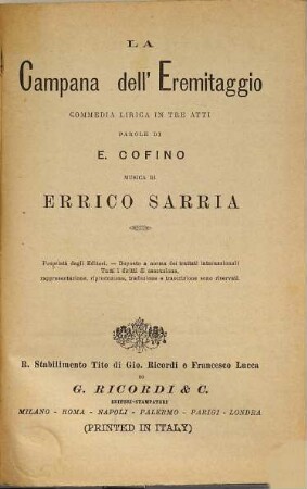 La campana dell'eremitaggio : commedia lirica in tre atti