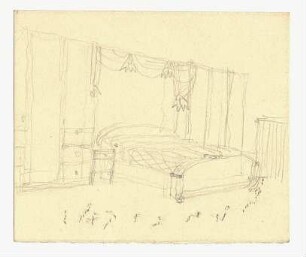 Schlafzimmerskizze : Schlafzimmeransichten mit Bett, Kommoden, Spiegel (?), Vorhang