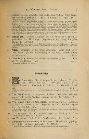 Catalog des antiquarischen Bücherlagers von Albert Cohn in Berlin : [... nur auf das Schachspiel bezügliche Auswahl der Kataloge aus der Schachbibliothek Ludwig Bachmann], [4]. Schachbibliothek des Herrn C. B. Vansittart in Rom