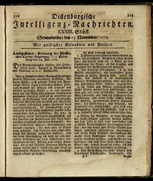XXXIII. Stück. Sonnabends: den 13. November / 1773.