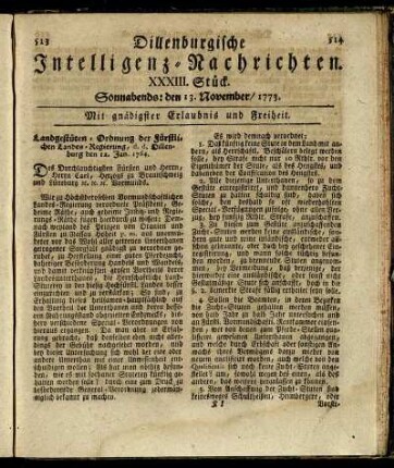 XXXIII. Stück. Sonnabends: den 13. November / 1773.