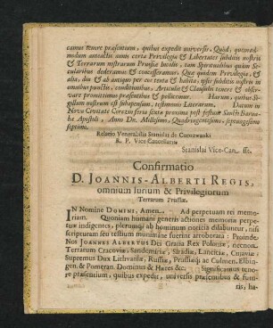 Confirmatio D. Joannis-Alberti Regis, omnium lurium & Privilegiorum Terrarum Prussiae.
