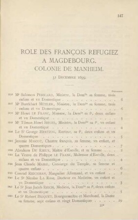 Role des françois refugiez à Magdebourg. Colonie de Manheim. 31 décembre 1699