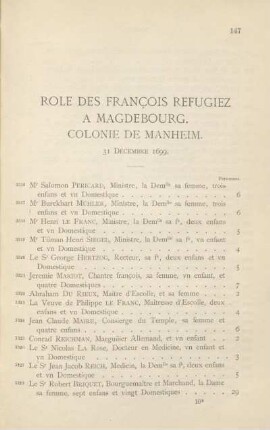 Role des françois refugiez à Magdebourg. Colonie de Manheim. 31 décembre 1699