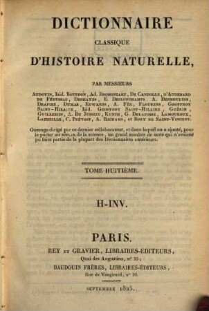 Dictionnaire classique d'histoire naturelle, 8. H - Inv