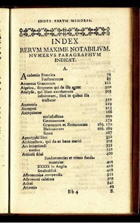 Index Rerum Maxime Notabilium.