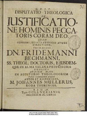 Disputatio Theologica De Justificatione Hominis Peccatoris Coram Deo