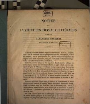 Notice sur la vie et les travaux littéraires du prince Alexandre Handjéri, Ex-Hospodar de Moldavie