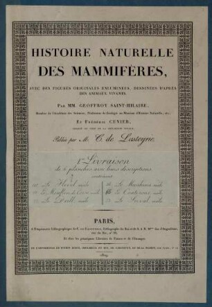 T. 1, Taf: Histoire Naturelle Des Mammifères,. Tome Premier