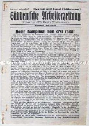 Illegale Ausgabe der KPD-Zeitung "Süddeutsche Arbeiterzeitung" u.a. zum 1. Mai und zur Behandlung von Ernst Thälmann im Gefängnis