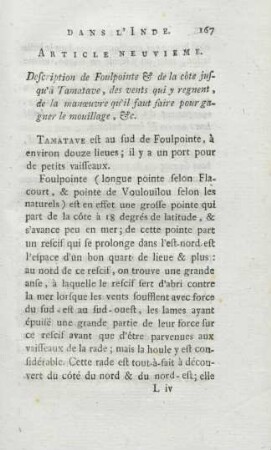 Article neuvieme. Description de Foulpointe & de la côte jusqu'a Tamatave ...