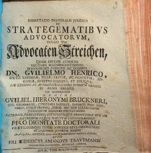 Dissertatio inauguralis iuridica de strategematibus advocatorum : vulgo von Advocaten-Streichen