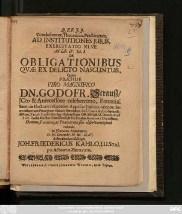 Conclusionum Theoretico-Practicarum, Ad Institutiones Iuris, Exercitatio XLVII. Ad Lib. IV. Tit. I. De Obligationibus Quae Ex Delicto Nascuntur