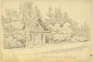 Ein Gartenhaus aus Holz mit eingebauten Bäumen in Blasewitz östlich von Dresden