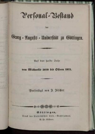 WS 1870/71: Personal-Bestand der Georg-Augusts-Universität zu Göttingen