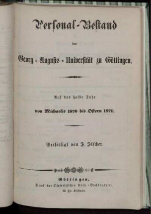 WS 1870/71: Personal-Bestand der Georg-Augusts-Universität zu Göttingen