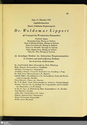 Zum 17. Oktober 1931 beglückwünschen Herrn Geheimen Regierungsrat Dr. Woldemar Lippert