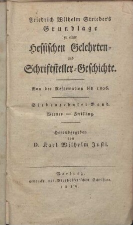 Grundlage zu einer hessischen Gelehrten und Schriftsteller-Geschichte. 17. Werner - Zwilling
