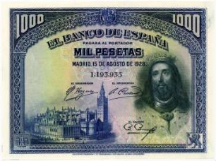 Geldschein, 1.000 Pesetas, 15.8.1928