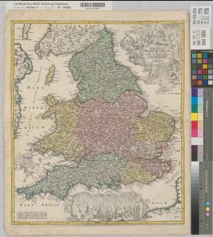 Großbritannien Übersichtskarte Magnae Britanniae pars meridionalis in qua regnum Angliae tam in septem antiqua Anglo-Saxonum regna quam in omnes hidiernas regiones ... divisum ... ostenditur 1.H. 18.Jh. 15 dt. Meilen = 8,4 cm 55 x 46 farb. Kupferstich: Johann Baptist Homann, Nürnberg Georg Matthäus Vischer (1628-1696) B I Nr. 15