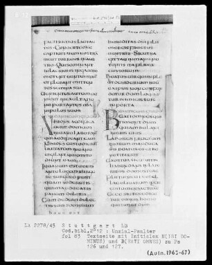 Lateinischer Psalter in Unzialschrift, 3 Bände — Initialen N(isi dominus) und B(eati omnes), Folio 83recto