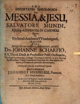 Diss. theol. de Messia et Jesu, salvatore mundi, eiusque adventu in carnem