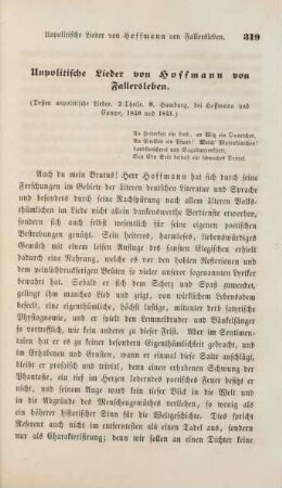 Unpolitische Lieder von Hoffmann von Fallersleben. (Deßen unpolitische Lieder. 2 Theile . 8. Hamburg, bei Hoffmann und Campe, 1840 und 1841)