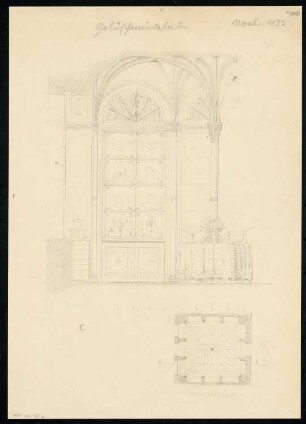 Goldschmiedeladen Monatskonkurrenz November 1833: Grundriss, Teilaufriss einer Innenwand; Maßstabsleiste