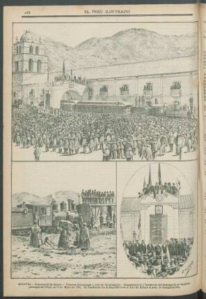 [Vistas de] Bolivia : Ferrocarril de Oruro. - Primera locomotora y convoy de pasajeros. - Inauguración y bendición del ferrocarril en la plaza principal de Oruro, el 15 de Mayo de 1892. El Presidente de la República en el acto de firmar el acta de inauguración.