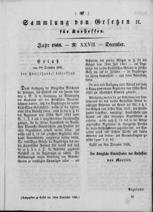 Sammlung von Gesetzen cc. für Kurhessen, Jahr 1866, Nr. XXVII, December