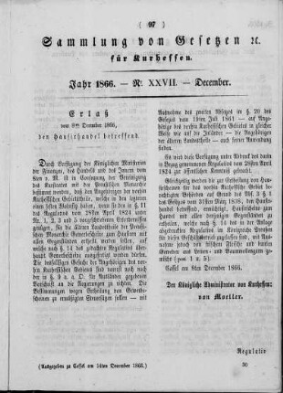 Sammlung von Gesetzen cc. für Kurhessen, Jahr 1866, Nr. XXVII, December